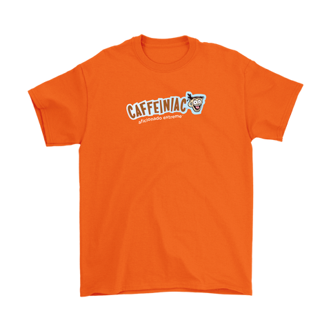 Image of an orange Gildan Mens T-Shirt featuring the Caffeinaic aficionado extreme design on the front