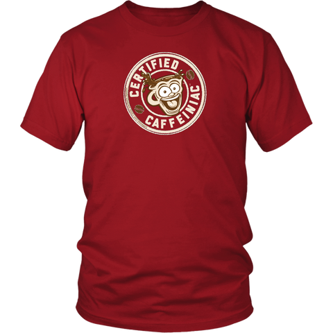 Image of Front view of a men’s  red shirt featuring the Certified Caffeiniac design in tan ink on the front