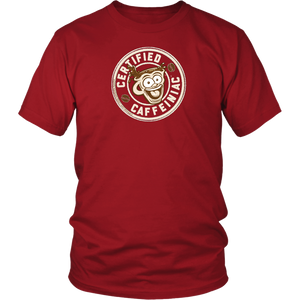 Front view of a men’s  red shirt featuring the Certified Caffeiniac design in tan ink on the front