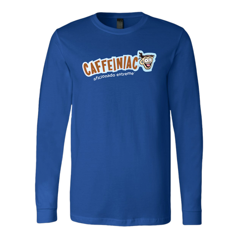 Image of front view of a royal blue long sleeve tshirt with Caffeiniac aficionado extreme design on the front