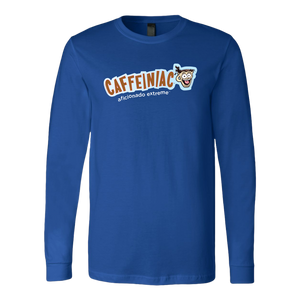 front view of a royal blue long sleeve tshirt with Caffeiniac aficionado extreme design on the front