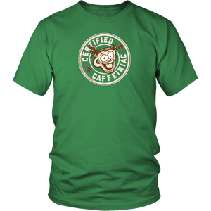 Front view of a men’s green t-shirt featuring the Certified Caffeiniac design in tan ink on the front