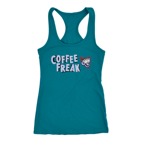 Image of front view of a women's teal Caffeiniac tank top with the COFFEE FREAK design in light blue letters