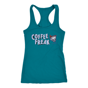 front view of a women's teal Caffeiniac tank top with the COFFEE FREAK design in light blue letters