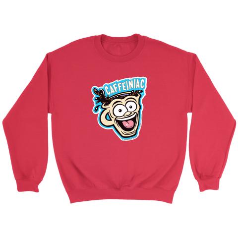 Image of front view of a red crewneck sweatshirt featuring the original Caffeiniac Dude cup design