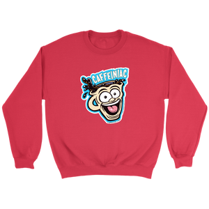 front view of a red crewneck sweatshirt featuring the original Caffeiniac Dude cup design