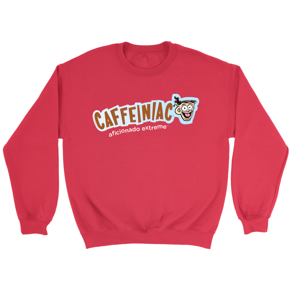 front view of a red crewneck sweatshirt featuring the original Caffeiniac aficionado extreme logo