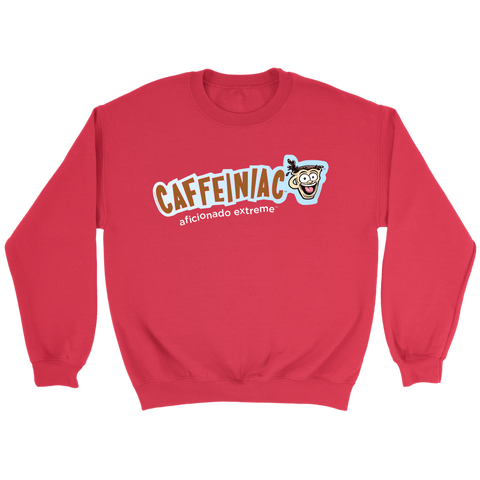 Image of front view of a red crewneck sweatshirt featuring the original Caffeiniac aficionado extreme logo