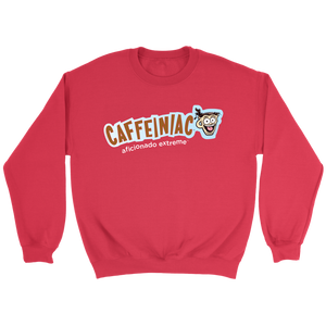 front view of a red crewneck sweatshirt featuring the original Caffeiniac aficionado extreme logo