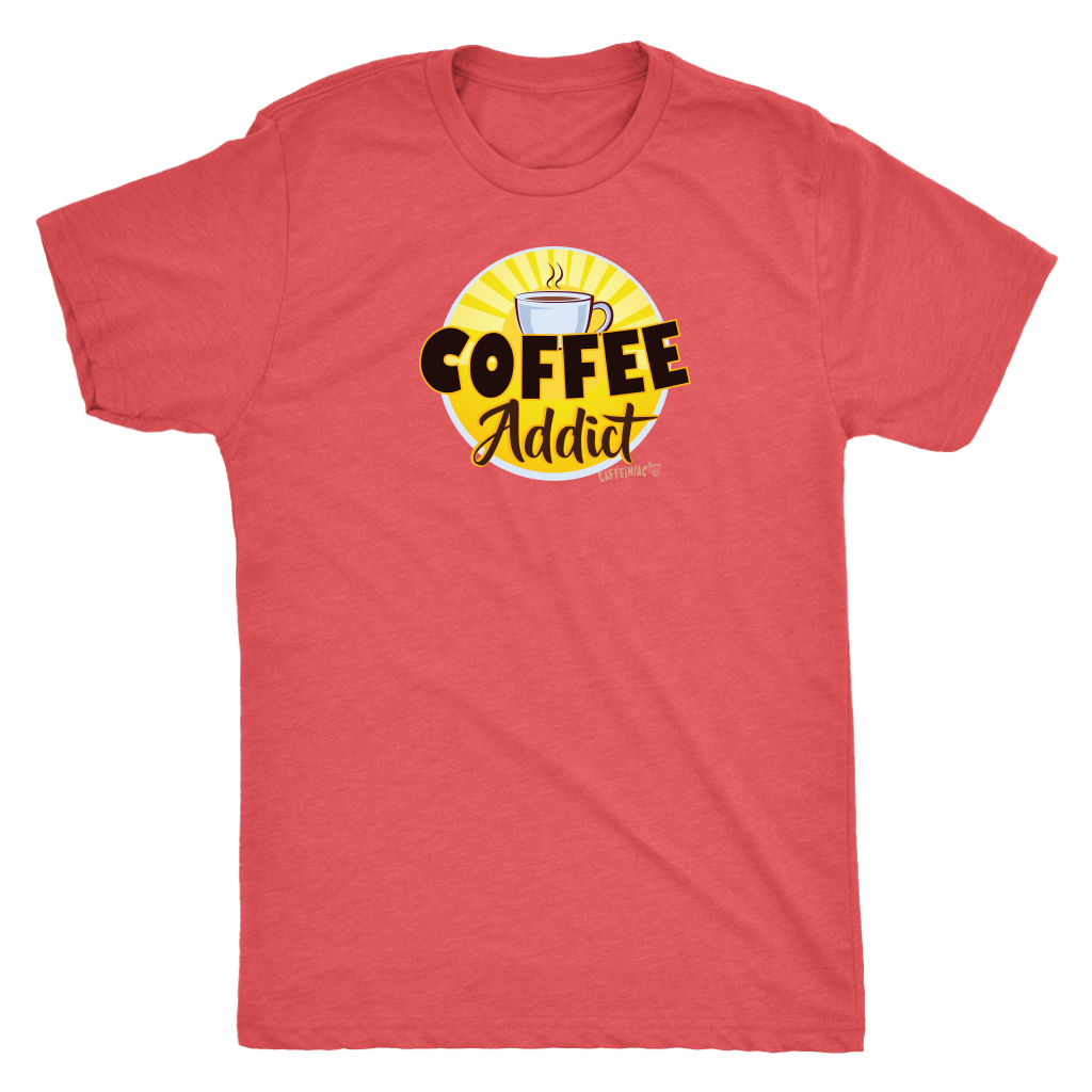 front view of a mens red Caffeiniac t-shirt featuring the Coffee Addict design