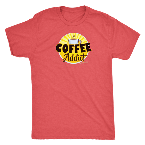 Image of front view of a mens red Caffeiniac t-shirt featuring the Coffee Addict design