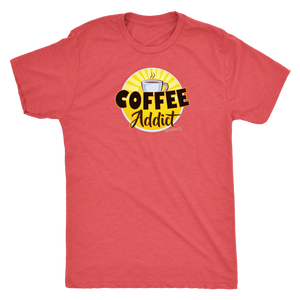 front view of a mens red Caffeiniac t-shirt featuring the Coffee Addict design