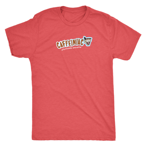 a red Next Level Mens Triblend T-shirt featuring the Caffeinaic aficionado extreme design on the front