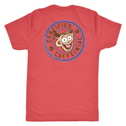 Image of the back view of a red t-shirt featuring the Certified Caffeiniaic design
