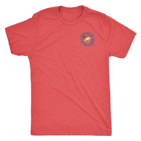 Image of The front view of a red tshirt with the Certified Caffeiniac design on the front left chest