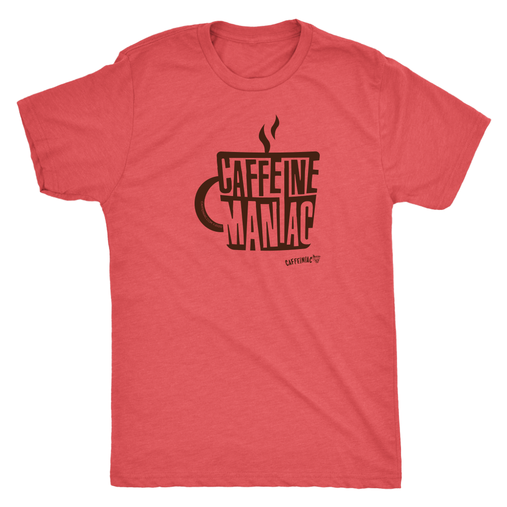 This mens red tee features the original coffee lover's design "Caffeine Maniac" by Caffeiniac on the front.