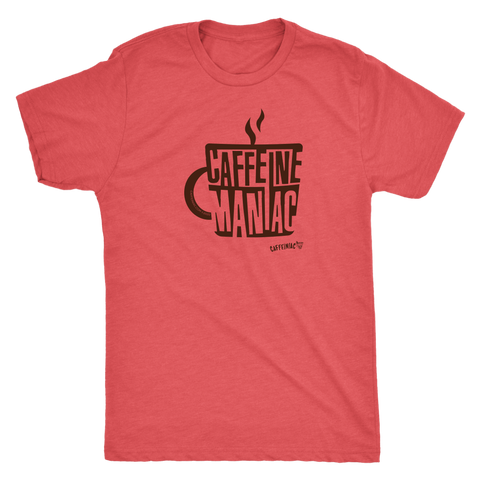 Image of This mens red tee features the original coffee lover's design "Caffeine Maniac" by Caffeiniac on the front.