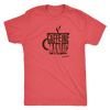 This mens red tee features the original coffee lover's design "Caffeine Maniac" by Caffeiniac on the front.