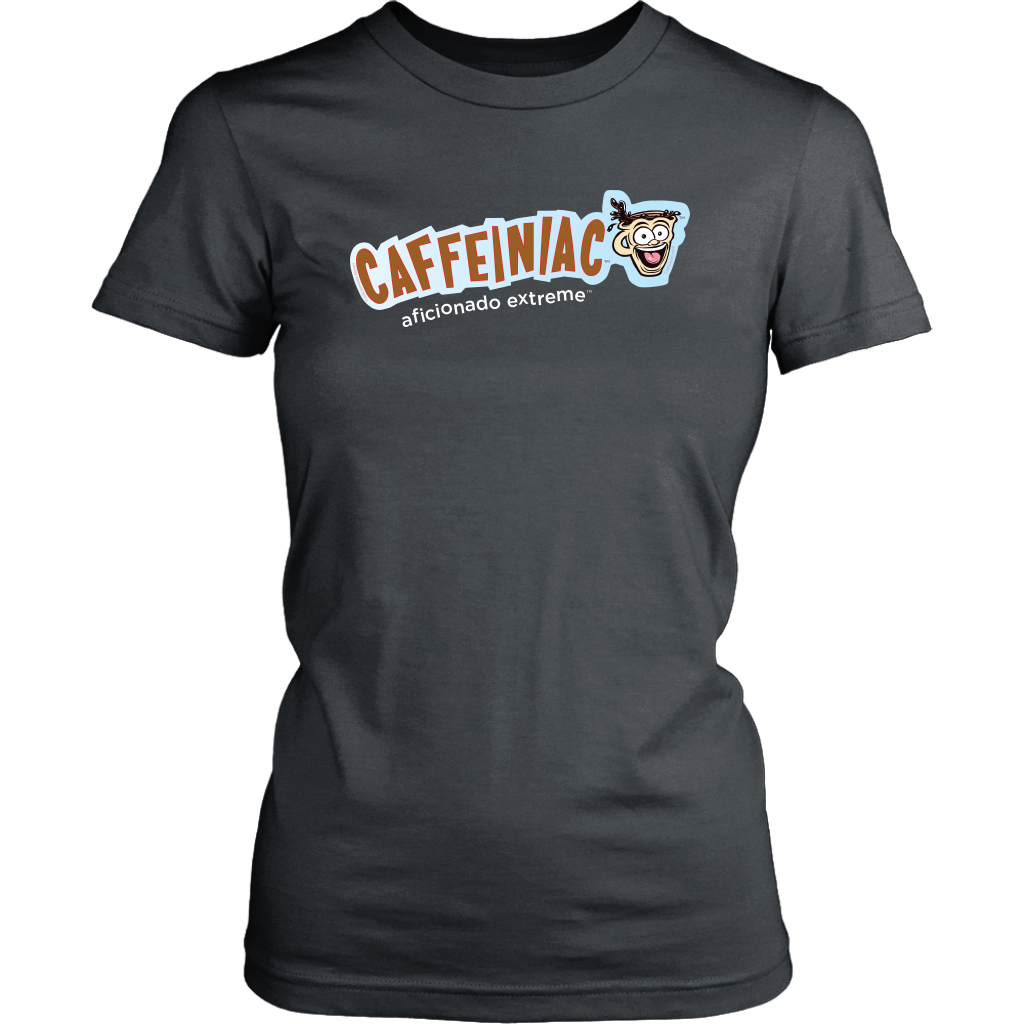 Front view of a District Womens grey Shirt featuring Caffeiniac Aficionado Extreme design