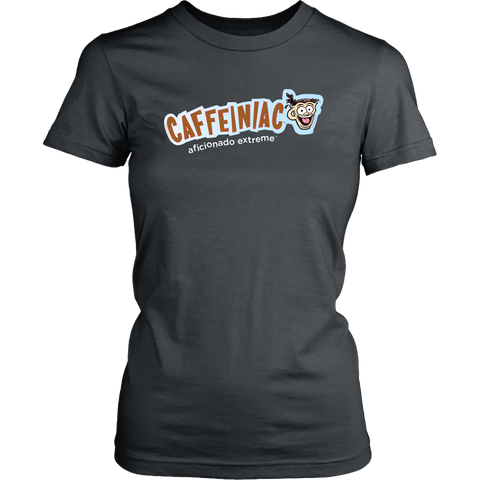 Image of Front view of a District Womens grey Shirt featuring Caffeiniac Aficionado Extreme design