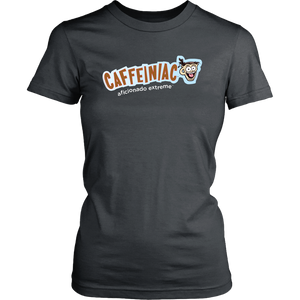 Front view of a District Womens grey Shirt featuring Caffeiniac Aficionado Extreme design