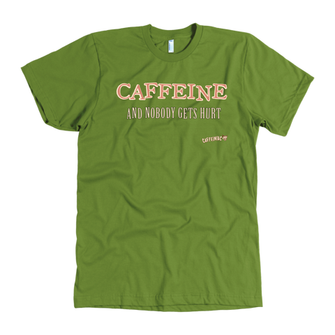 Image of front view of a lime green Caffeiniac t-shirt with the design CAFFEINE and nobody gets hurt