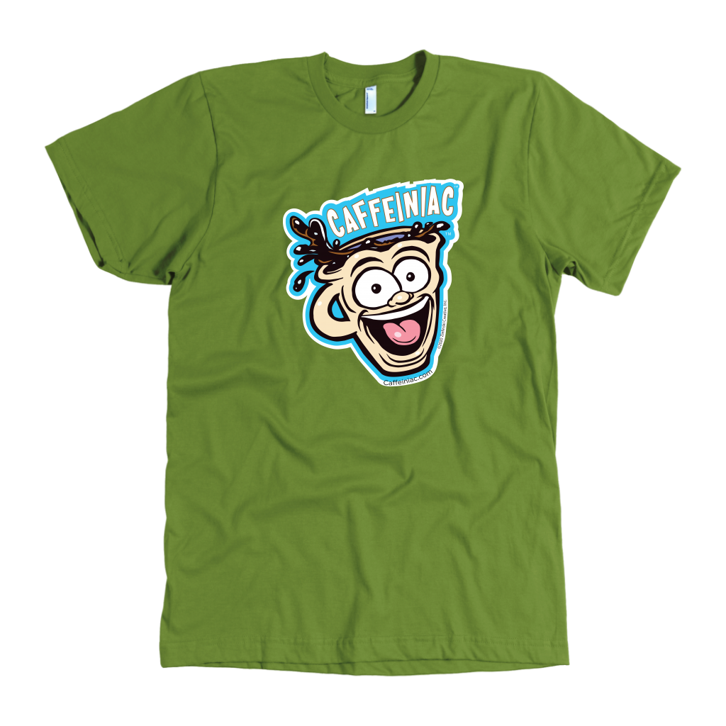 front view of a lime green mens t-shirt featuring the original Caffeiniac dude cup design
