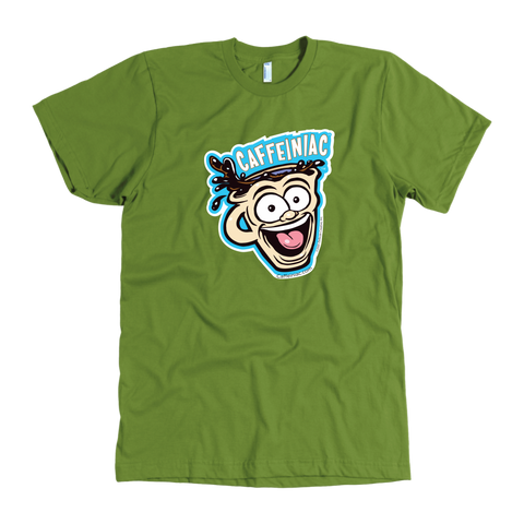 Image of front view of a lime green mens t-shirt featuring the original Caffeiniac dude cup design