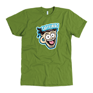 front view of a lime green mens t-shirt featuring the original Caffeiniac dude cup design