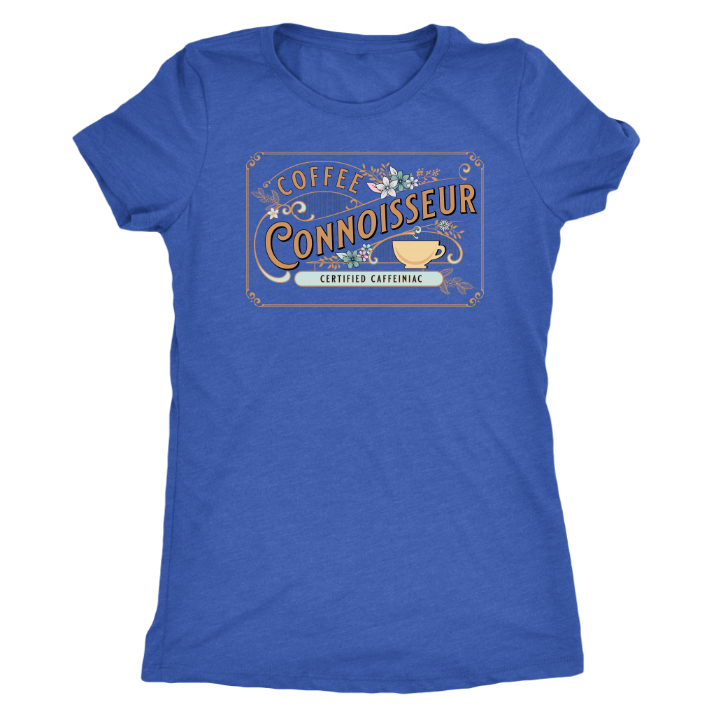 a woman's  vintage  royal blue  t-shirt with the coffee connoisseur design by caffeiniac