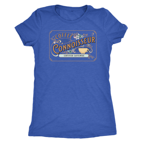 Image of a woman's  vintage  royal blue  t-shirt with the coffee connoisseur design by caffeiniac