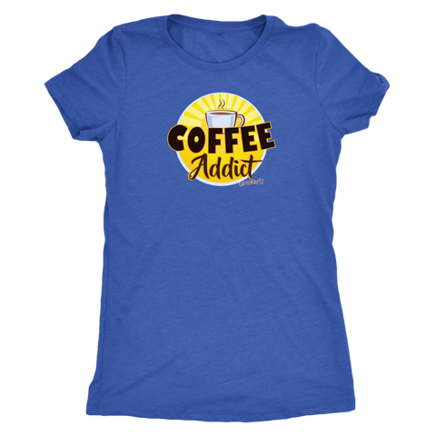 Image of front view of a royal blue Caffeiniac shirt with the Coffee Addict design