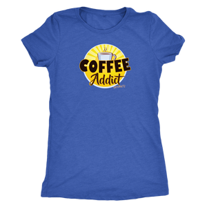 front view of a royal blue Caffeiniac shirt with the Coffee Addict design