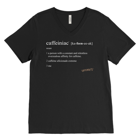 Image of Caffeiniac Defined design on a men's black v-neck shirt