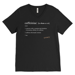 Caffeiniac Defined design on a men's black v-neck shirt