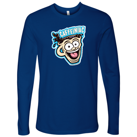Image of front view of a royal blue Next Level Mens Long Sleeve T-Shirt featuring the original Caffeiniac Dude cup design on the front