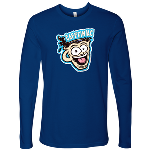 front view of a royal blue Next Level Mens Long Sleeve T-Shirt featuring the original Caffeiniac Dude cup design on the front