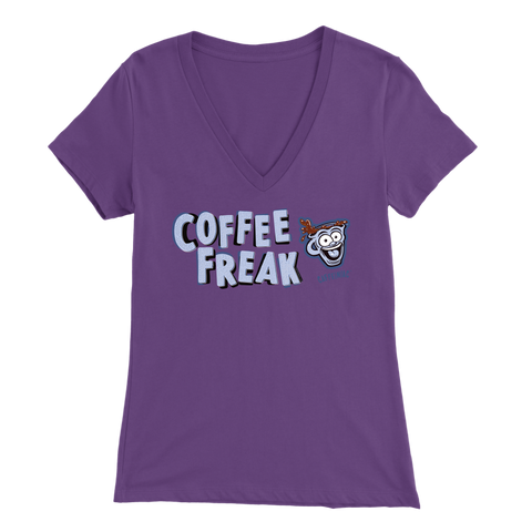 Image of front view of a women's purple Caffeiniac v-neck t-shirt with the COFFEE FREAK design in light blue letters