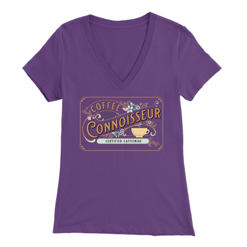 Image of a woman's purple v-neck shirt with the Coffee Connoisseur design by Caffeiniac on the front