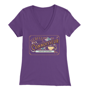 a woman's purple v-neck shirt with the Coffee Connoisseur design by Caffeiniac on the front