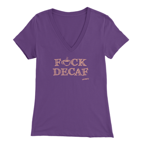Image of front view of a women's purple v-neck shirt featuring the Caffeiniac design F_CK DECAF