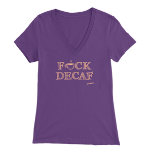 front view of a women's purple v-neck shirt featuring the Caffeiniac design F_CK DECAF