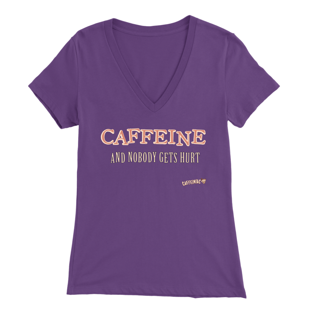 front view of a purple V-neck Caffeiniac shirt with the design CAFFEINE and nobody gets hurt