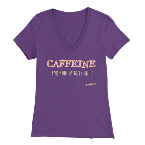 Image of front view of a purple V-neck Caffeiniac shirt with the design CAFFEINE and nobody gets hurt