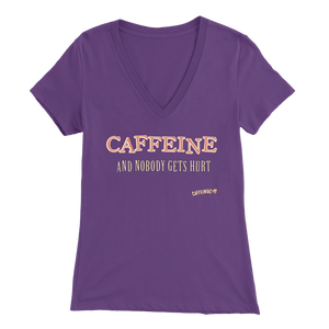 front view of a purple V-neck Caffeiniac shirt with the design CAFFEINE and nobody gets hurt