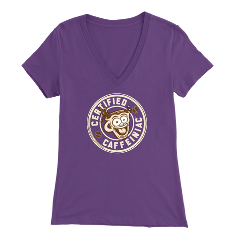Image of front view of a puple v-neck shirt featuring the Certified Caffeiniac design on the front