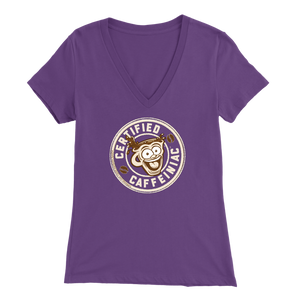 front view of a puple v-neck shirt featuring the Certified Caffeiniac design on the front