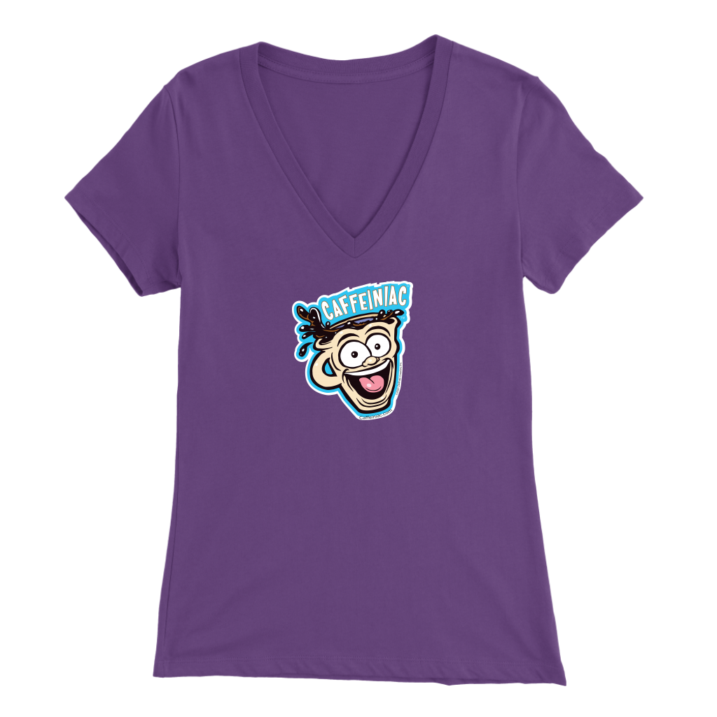 Front view of a purple colored womens v-neck light blue shirt featuring the original Caffeiniac Dude cup design on the front