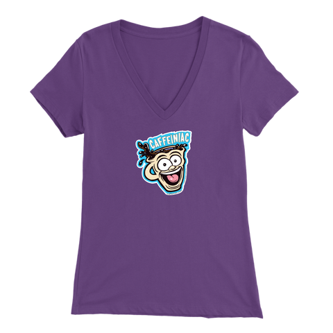 Image of Front view of a purple colored womens v-neck light blue shirt featuring the original Caffeiniac Dude cup design on the front