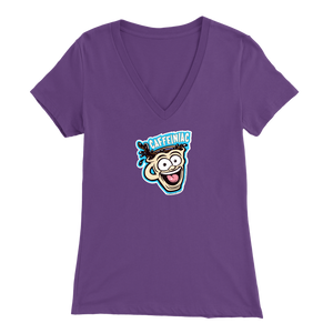Front view of a purple colored womens v-neck light blue shirt featuring the original Caffeiniac Dude cup design on the front